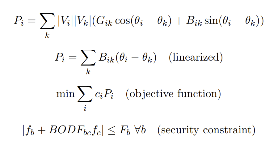 P_i=\sum_k |V_i||V_k|(G_{ik}\cos(\theta_i-\theta_k)+B_{ik}\sin(\theta_i-\theta_k))\\P_i=\sum_k B_{ik}(\theta_i-\theta_k)\quad \text{(linearized)}\\\min \sum_i c_i P_i\quad \text{(objective function)}\\|f_b+BODF_{bc}f_c|\leq F_b\ \forall b\quad \text{(security constraint)}